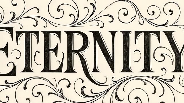 The word ETERNITY rendered in an ornate, swirling decorative font on a pale background.