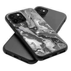 Two smartphones with contrasting covers featuring a marbled design