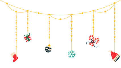 Christmas Hanging Decorations with Golden Star Garlands, Ornaments and Candy Canes Isolated on Transparent Background