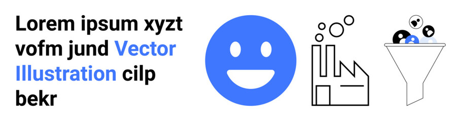 Creativity, technology, productivity, data sorting, process flow, happiness. Blue happy face, linear factory funnel with data particles. Productivity and process flow concept