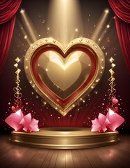 golden valentines heart shape on a stage background