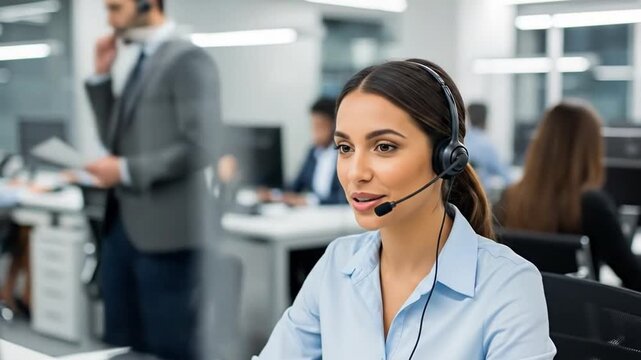Focused customer service rep assists clients in a modern, busy call center.