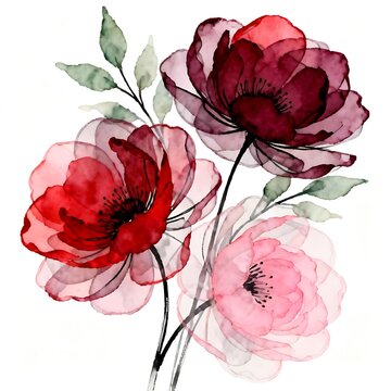 Vibrant Peony Flowers Illustration with Soft Lighting and Elegant Botanical Art on White Background