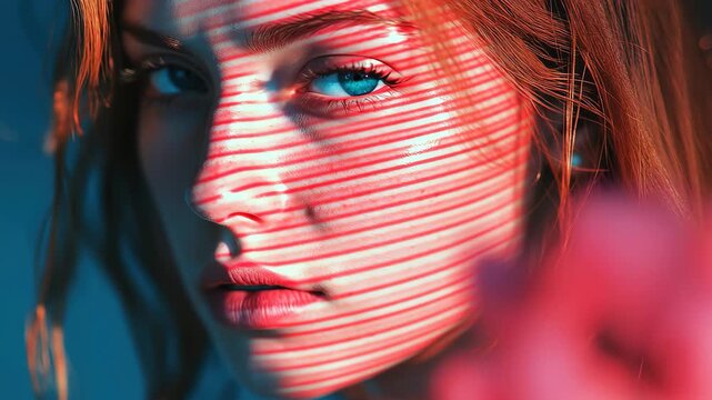 Stylized visual distortion with vibrant colors highlighting facial features in an artistic portrayal, 4K Highly Stylized Data Mosh Distortion, Pixel Sorting and Static Noise Seamless ing