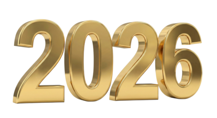 Golden 2026 number display isolated on transparent background