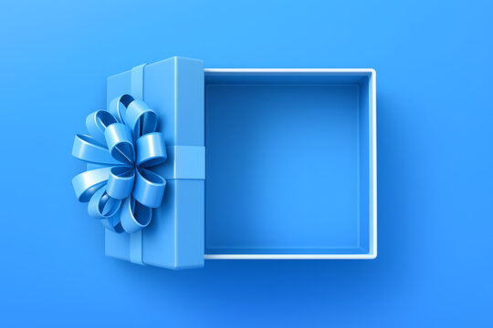 High angle view of an open blue gift box with a decorative bow on the lid isolated on a solid blue background mockup
