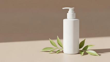 Minimal Natural Skincare Bottle Mockup with Green Leaves on Neutral Background