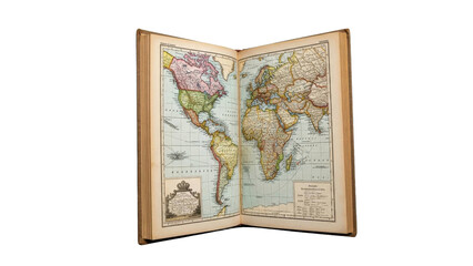 Open Vintage Atlas Displays Continents with Detailed Cartography