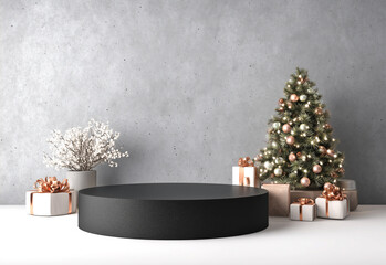 Fondo esc&eacute;nico que representa un ambiente navide&ntilde;o con una est&eacute;tica c&aacute;lida, enfoque comercial y una elegante composici&oacute;n decorativa. Pedestal rodeado de regalos y &aacute;rboles decorativos 