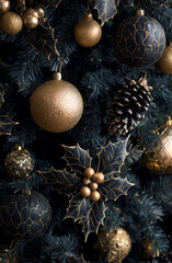 Fondo decorativo que representa la atm&oacute;sfera navide&ntilde;a con est&eacute;tica en negro y dorado, dise&ntilde;o elegante y contraste visual. Detalle de &aacute;rbol de Navidad con adornos dorados, pi&ntilde;as, hojas negras y fondo