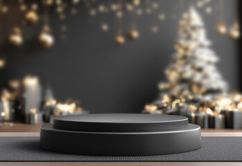 Fondo esc&eacute;nico que representa un ambiente navide&ntilde;o con una est&eacute;tica c&aacute;lida, enfoque comercial y una elegante composici&oacute;n decorativa. Pedestal rodeado de regalos y &aacute;rboles decorativos 