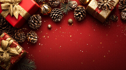 Fondo decorativo que representa un ambiente navide&ntilde;o con una est&eacute;tica c&aacute;lida, un fondo rojo brillante y una composici&oacute;n institucional. Regalos dorados, pi&ntilde;as y ramas sobre un fondo rojo brillante
