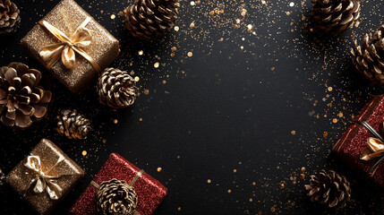 Fondo decorativo que representa un ambiente navide&ntilde;o con est&eacute;tica dorada, fondo oscuro y una elegante composici&oacute;n institucional. Pi&ntilde;as doradas y regalos brillantes sobre fondo oscuro con confeti
