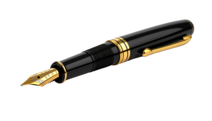 Elegant black fountain pen with gold accents, lying diagonally against a stark black background. Polished and refined