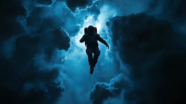 Astronaut floats through clouds in the vastness of space during a serene moment of exploration, Single astronaut floating in space with clouds and stars, created using generative ai technology