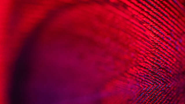 View of vibrant red threads intertwine, casting shadows and light in a mesmerizing dance of texture and color, Portland, Oregon, United States.