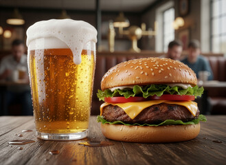 Burger gourmand au fromage et bi&egrave;re pression fra&icirc;che au pub