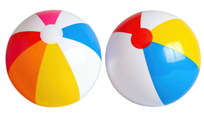Two colorful, inflatable beach balls, side by side, featuring alternating white and bright color segments
