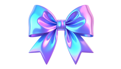 Iridescent purple bow with holographic effect, centered on a black background, suggesting a digital 3D render