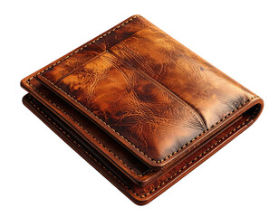 Close-up of a folded, textured, brown leather wallet against black