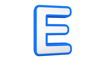 Obraz premium 3D 'E' White capital letter 'E' with a blue, rounded border, isolated on a black background, casting soft shadows