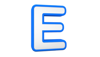 3D 'E' White capital letter 'E' with a blue, rounded border, isolated on a black background, casting soft shadows