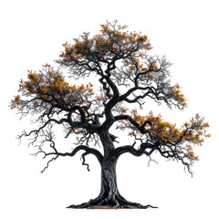 A stylized tree with a dark, twisted trunk and autumnal foliage