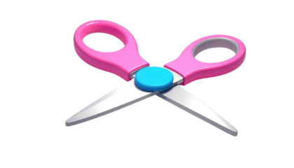Pink scissors with silver blades crossed over a black background, rendered in a cartoonish style