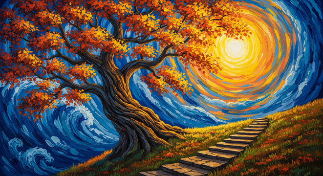 Abstract oil painting of autumn oak tree and stone path 3D relief wallpaper for mural wall art, canvas print, wall decor painting design