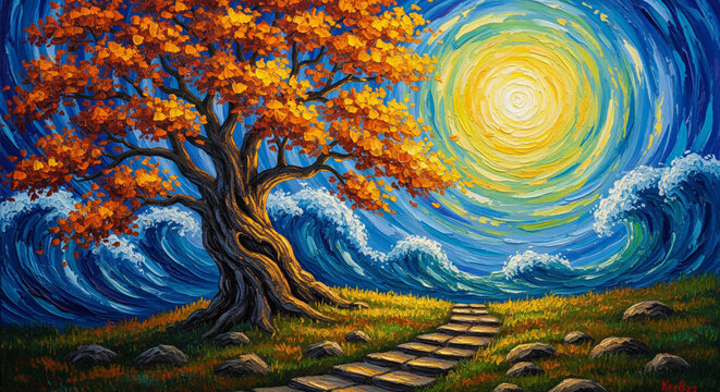 Abstract oil painting of autumn oak tree and stone path 3D relief wallpaper for mural wall art, canvas print, wall decor painting design