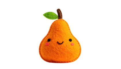 Felt pear with smiling face, pink cheeks, and green leaf on top. Isolated on black background. Cute, cheerful fruit