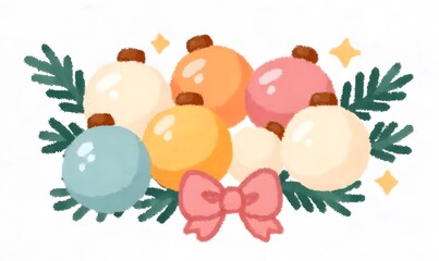 Fototapeta premium Watercolor Christmas clipart of [a cluster of ornaments, pine branches, and a ribbon-tied bow arranged in a small composition