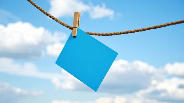 Brainstorm sticky note marketing plan strategy business idea creativity innovation collaboration teamwork project bright blue note hanging rope with clothespin against sky creating inspiring