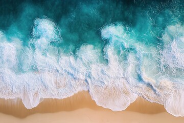 Fototapeta premium Ocean Wave Crashing on Sandy Beach Shore with Foamy White Water and Turquoise Blue Sea