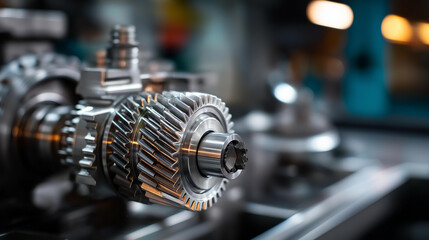 Close up of metal gears meshing together heavily defocused industrial machinery background mechanical components interaction engineering precision display power transmission