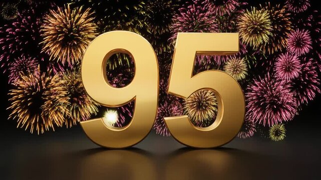 Gold number 95 with fireworks in the background. Festive scene for birthday or anniversary party