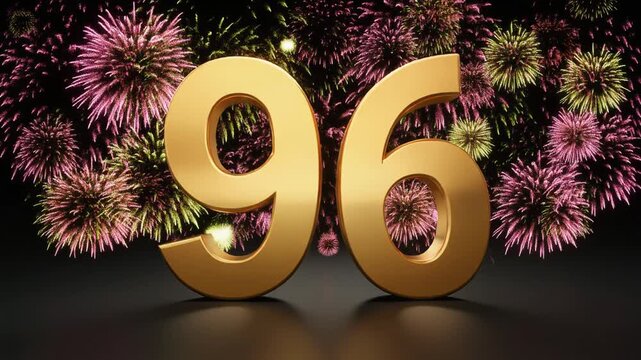 Gold number 96 with fireworks in the background. Festive scene for birthday or anniversary party