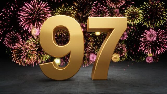 Gold number 97 with fireworks in the background. Festive scene for birthday or anniversary party