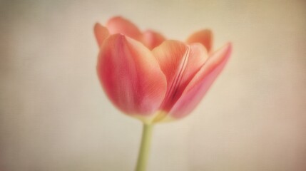 Naklejka premium topdown. A single red tulip in soft focus, elegantly placed on a textured beige background. gardening catalogs, home-decor guides, designed for gardening and botanical catalogs, celebrates nature.
