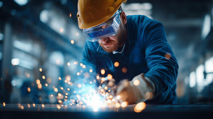 Faceless professional welder working in metal fabrication shop heavily defocused background anonymous craftsman with protective gear safety equipment usage industrial welding