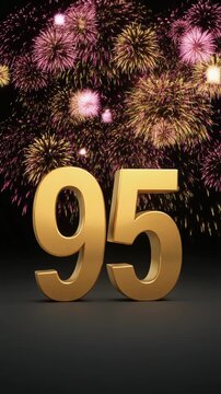 Gold number 95 with fireworks in the background. Festive scene for birthday or anniversary party