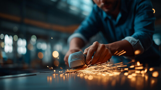 Faceless worker using angle grinder with sparks heavily defocused metal workshop industry background anonymous craftsman with cutting tool metalworking process fabrication - Powered by Adobe