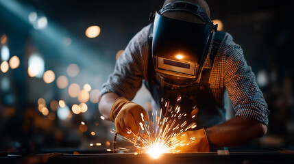 Faceless welder working on metal fabrication in workshop heavily defocused background anonymous craftsman emphasizing safety procedures protective equipment usage industrial