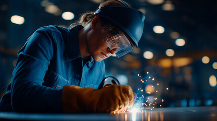 Faceless welder working on metal fabrication in workshop heavily defocused background anonymous craftsman emphasizing safety procedures protective equipment usage industrial