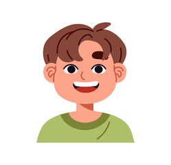 Avatar of happy surprised little boy with open mouth, staring. Portrait of cute kid with amazed facial expression, astonished emotions on face. Flat isolated vector illustration on white background