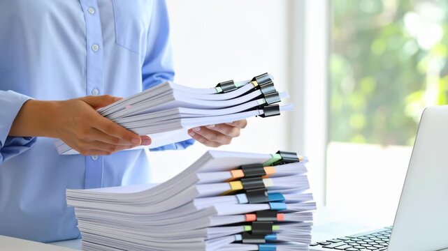 Clutter paperwork office desk massy chaos stress business deadline stack pile document burnout overwhelmed untidy load busy office worker sorts through heavy stack of documents near laptop showing