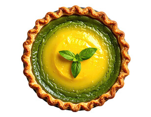 Top-down view of a vibrant tart with layered filling and fresh garnish