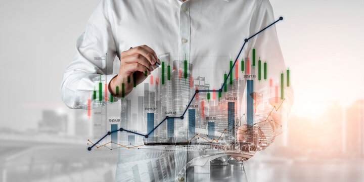 Business professional analyzes financial data and trends with a growing graph overlay depicting modern city skyline and stock market dynamics Scalp. - Powered by Adobe