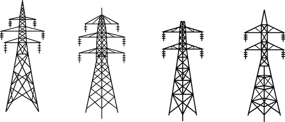 High voltage transmission tower silhouettes set, electric power line pylons, energy infrastructure illustration, industrial electricity distribution concept, minimal black outline