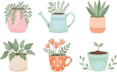 Cute Potted Plant and Succulent Collection in Pastel Pots and Watering Can for Home Decor Flat Vector Illustration